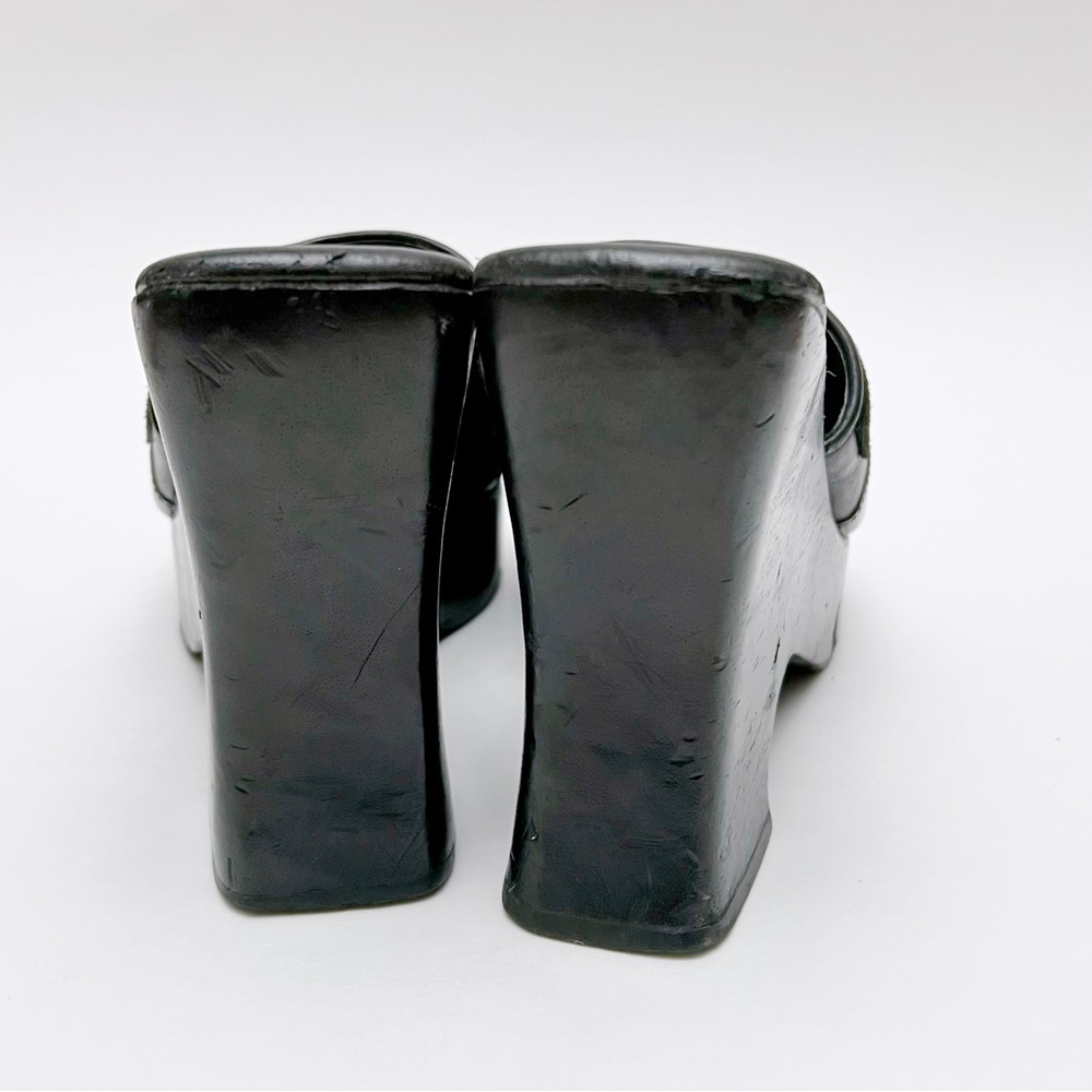 Vintage 90s Y2K Steve Madden Black Patchwork Leather Wood Platform Sandals - Picture 8 of 11